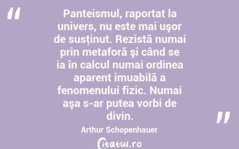 Panteismul, raportat la univers, nu este mai uşor de susţinut. Rezistă numai prin metaforă şi când se ia în calcul numai ordinea aparent imuabilă a fenomenului fizic. Numai aşa s-ar putea vorbi de divin. Arthur Schopenhauer...