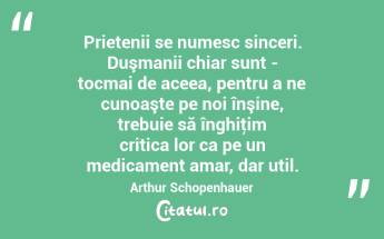 Prietenii se numesc sinceri. Duşmanii chiar sunt - tocmai de aceea, pentru a ne cunoaşte pe noi înşine, trebuie să înghiţim critica lor ca pe un medicament amar, dar util. Arthur Schopenhauer...