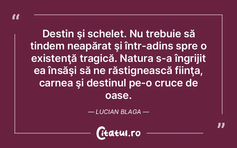 Destin şi schelet. Nu trebuie să tindem neapărat şi într-adins spre o existenţă tragică. Natura s-a îngrijit ea însăşi să ne răstignească fiinţa, carnea şi destinul pe-o cruce de oase. Lucian Blaga