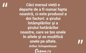 Căci mersul vieţii e departe de a fi numai fapta noastră, ci este produsul a doi factori: a şirului întâmplărilor şi a şirului hotărârilor noastre, care se ţes unele în altele şi se modifică unele pe altele. Arthur Schopenhauer...