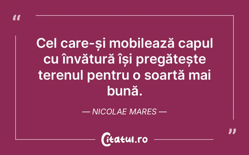 Cel care-și mobilează capul cu învățură își pregătește terenul pentru o soartă mai bună. Nicolae Mares