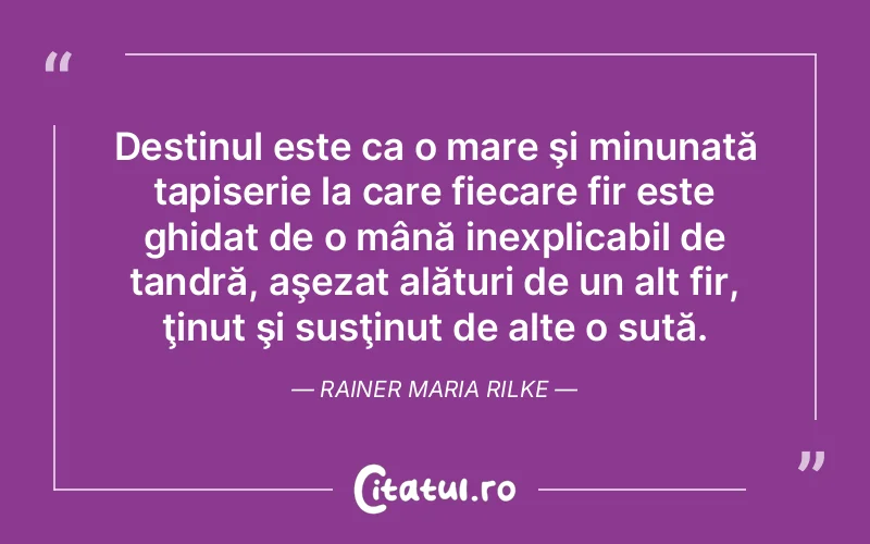 Destinul este ca o mare şi minunată tapiserie la care fiecare fir este ghidat de o mână inexplicabil de tandră, aşezat alături de un alt fir, ţinut şi susţinut de alte o sută. Rainer Maria Rilke