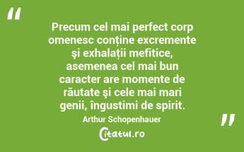 Precum cel mai perfect corp omenesc conţine excremente şi exhalaţii mefitice, asemenea cel mai bun caracter are momente de răutate şi cele mai mari genii, îngustimi de spirit. Arthur Schopenhauer...