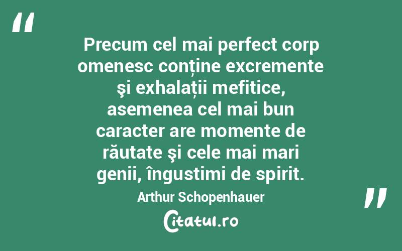 Precum cel mai perfect corp omenesc conţine excremente şi exhalaţii mefitice, asemenea cel mai bun caracter are momente de răutate şi cele mai mari genii, îngustimi de spirit. Arthur Schopenhauer