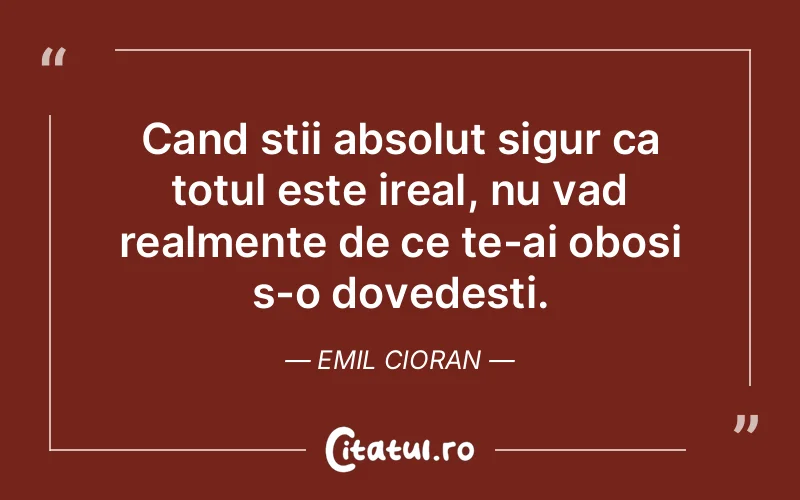 Cand stii absolut sigur ca totul este ireal, nu vad realmente de ce te-ai obosi s-o dovedesti. Emil Cioran