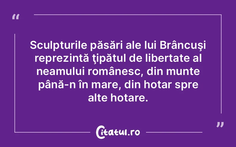 Sculpturile păsări ale lui Brâncuşi reprezintă ţipătul de libertate al neamului românesc, din munte până-n în mare, din hotar spre alte hotare.