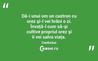 Dă-i unui om un castron cu orez şi-l vei hrăni o zi. Învaţă-l cum să-şi cultive propriul orez şi îi vei salva viaţa. Confucius...