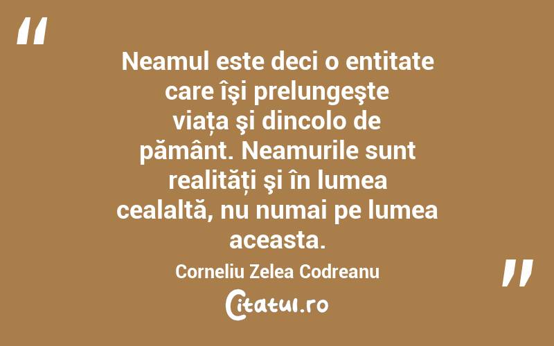 Neamul este deci o entitate care îşi prelungeşte viaţa şi dincolo de pământ. Neamurile sunt realităţi şi în lumea cealaltă, nu numai pe lumea aceasta. Corneliu Zelea Codreanu
