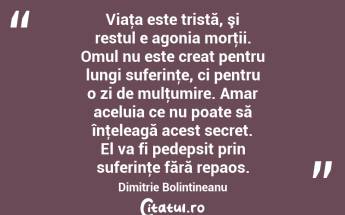 Viaţa este tristă, şi restul e agonia morţii. Omul nu este creat pentru lungi suferinţe, ci pentru o zi de mulţumire. Amar aceluia ce nu poate să înţeleagă acest secret. El va fi pedepsit prin suferinţe fără repaos. Dimitrie Bolintineanu...