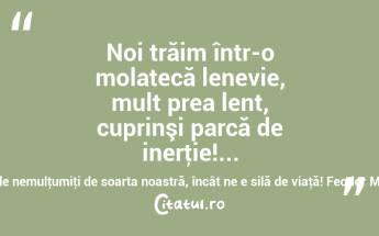 Noi trăim într-o molatecă lenevie, mult prea lent, cuprinşi parcă de inerţie!... Noi toţi suntem atât de nemulţumiţi de soarta noastră, încât ne e silă de viaţă! Feodor Mihailovici Dostoievski...