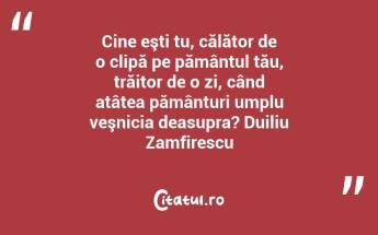 Cine eşti tu, călător de o clipă pe pământul tău, trăitor de o zi, când atâtea pământuri umplu veşnicia deasupra? Duiliu Zamfirescu...