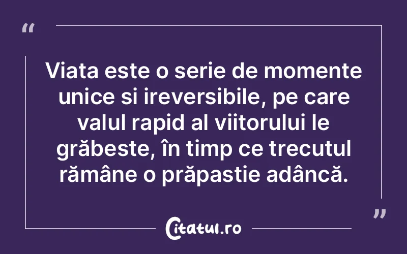 Viața este o serie de momente unice și ireversibile, pe care valul rapid al viitorului le grăbește, în timp ce trecutul rămâne o prăpastie adâncă.
