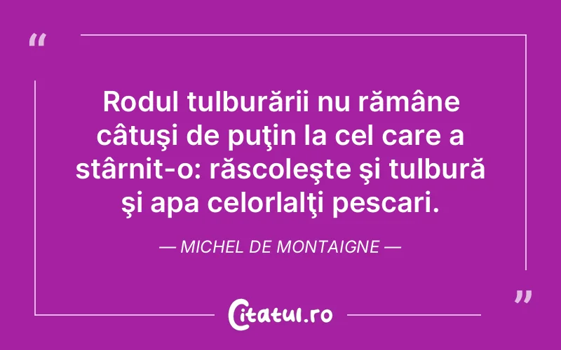 Rodul tulburării nu rămâne câtuşi de puţin la cel care a stârnit-o: răscoleşte şi tulbură şi apa celorlalţi pescari. Michel de Montaigne