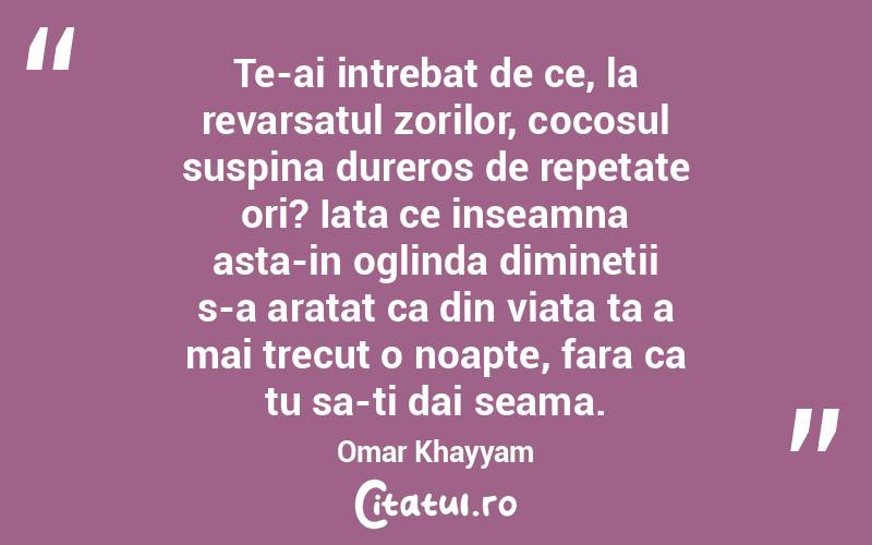 Te-ai intrebat de ce, la revarsatul zorilor, cocosul suspina dureros de repetate ori? Iata ce inseamna asta-in oglinda diminetii s-a aratat ca din viata ta a mai trecut o noapte, fara ca tu sa-ti dai seama.  Omar Khayyam
