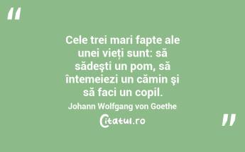 Cele trei mari fapte ale unei vieţi sunt: să sădeşti un pom, să întemeiezi un cămin şi să faci un copil. Johann Wolfgang von Goethe...