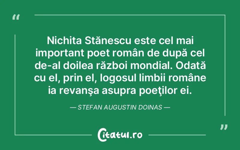 Nichita Stănescu este cel mai important poet român de după cel de-al doilea război mondial. Odată cu el, prin el, logosul limbii române ia revanşa asupra poeţilor ei. Stefan Augustin Doinas