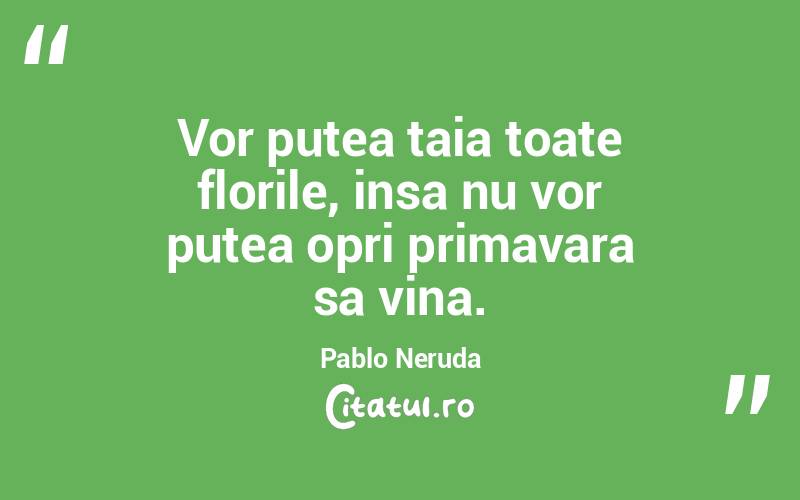 Vor putea taia toate florile, insa nu vor putea opri primavara sa vina.  Pablo Neruda
