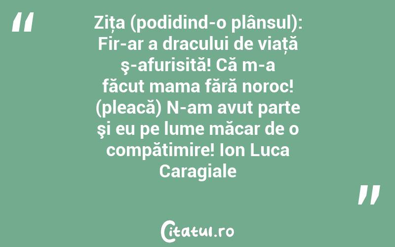 Ziţa (podidind-o plânsul): Fir-ar a dracului de viaţă ş-afurisită! Că m-a făcut mama fără noroc! (pleacă) N-am avut parte şi eu pe lume măcar de o compătimire! Ion Luca Caragiale
