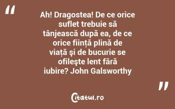 Ah! Dragostea! De ce orice suflet trebuie să tânjească după ea, de ce orice fiinţă plină de viaţă şi de bucurie se ofileşte lent fără iubire? John Galsworthy...