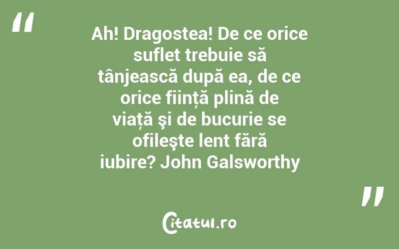 Ah! Dragostea! De ce orice suflet trebuie să tânjească după ea, de ce orice fiinţă plină de viaţă şi de bucurie se ofileşte lent fără iubire? John Galsworthy
