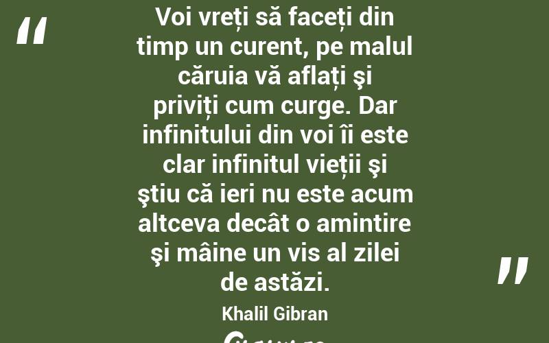 Voi vreţi să faceţi din timp un curent, pe malul căruia vă aflaţi şi priviţi cum curge. Dar infinitului din voi îi este clar infinitul vieţii şi ştiu că ieri nu este acum altceva decât o amintire şi mâine un vis al zilei de astăzi. Khalil Gibran
