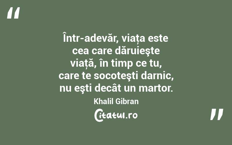 Într-adevăr, viaţa este cea care dăruieşte viaţă, în timp ce tu, care te socoteşti darnic, nu eşti decât un martor. Khalil Gibran
