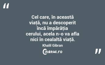 Cel care, în această viaţă, nu a descoperit încă împărăţia cerului, acela n-o va afla nici în cealaltă viaţă. Khalil Gibran...