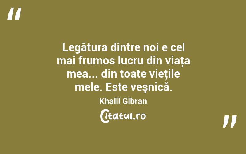 Legătura dintre noi e cel mai frumos lucru din viaţa mea... din toate vieţile mele. Este veşnică. Khalil Gibran
