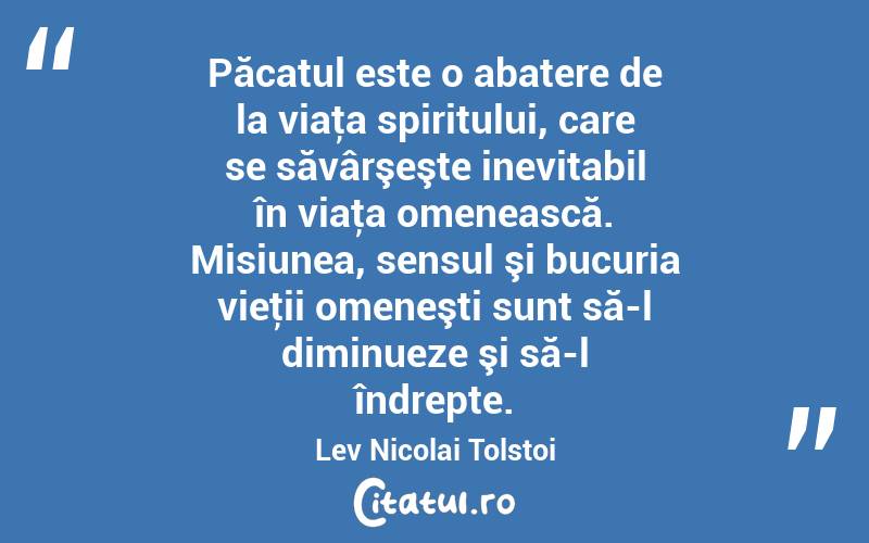 Păcatul este o abatere de la viaţa spiritului, care se săvârşeşte inevitabil în viaţa omenească. Misiunea, sensul şi bucuria vieţii omeneşti sunt să-l diminueze şi să-l îndrepte. Lev Nicolai Tolstoi