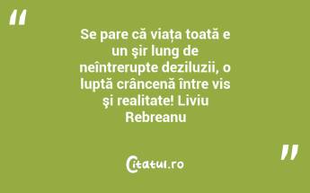 Se pare că viaţa toată e un şir lung de neîntrerupte deziluzii, o luptă crâncenă între vis şi realitate! Liviu Rebreanu...