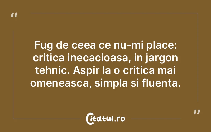 Fug de ceea ce nu-mi place: critica inecacioasa, in jargon tehnic. Aspir la o critica mai omeneasca, simpla si fluenta.