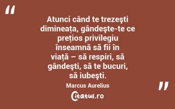 Atunci când te trezeşti dimineaţa, gândeşte-te ce preţios privilegiu înseamnă să fii în viaţă – să respiri, să gândeşti, să te bucuri, să iubeşti. Marcus Aurelius...