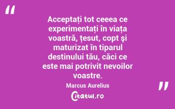 Acceptaţi tot ceeea ce experimentaţi în viaţa voastră, ţesut, copt şi maturizat în tiparul destinului tău, căci ce este mai potrivit nevoilor voastre. Marcus Aurelius...