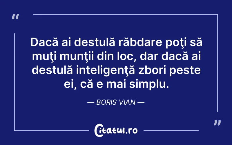 Dacă ai destulă răbdare poţi să muţi munţii din loc, dar dacă ai destulă inteligenţă zbori peste ei, că e mai simplu. Boris Vian