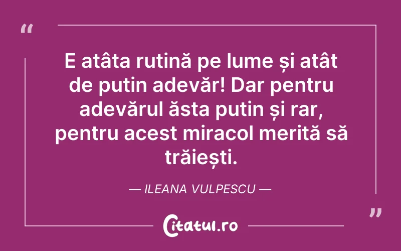 E atâta rutină pe lume și atât de puțin adevăr! Dar pentru adevărul ăsta puțin și rar, pentru acest miracol merită să trăiești. Ileana Vulpescu