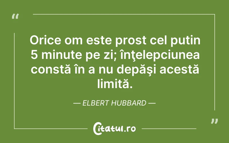 Orice om este prost cel puțin 5 minute pe zi; înţelepciunea constă în a nu depăşi acestă limită. Elbert Hubbard