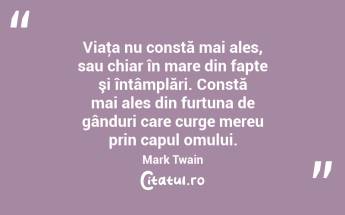 Viaţa nu constă mai ales, sau chiar în mare din fapte şi întâmplări. Constă mai ales din furtuna de gânduri care curge mereu prin capul omului. Mark Twain...