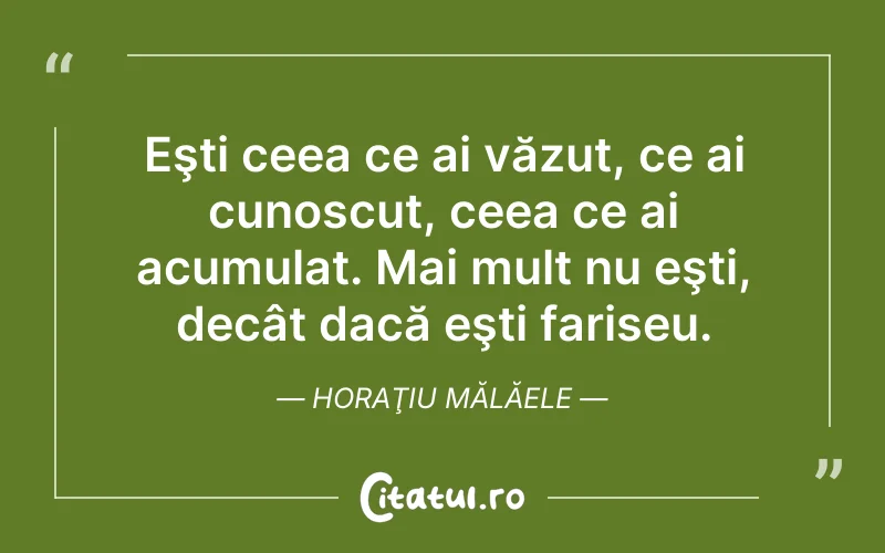 Eşti ceea ce ai văzut, ce ai cunoscut, ceea ce ai acumulat. Mai mult nu eşti, decât dacă eşti fariseu. Horaţiu Mălăele