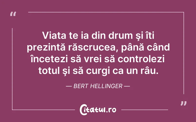 Viața te ia din drum şi îți prezintă răscrucea, până când încetezi să vrei să controlezi totul şi să curgi ca un râu. Bert Hellinger
