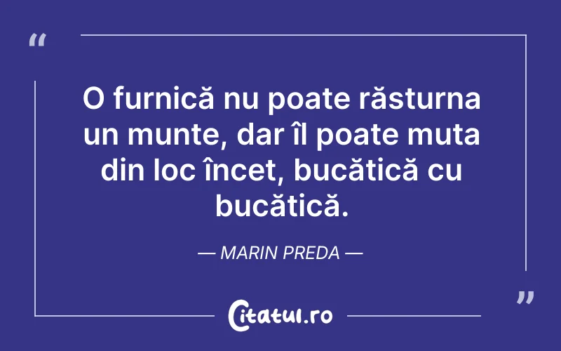O furnică nu poate răsturna un munte, dar îl poate muta din loc încet, bucățică cu bucățică. Marin Preda