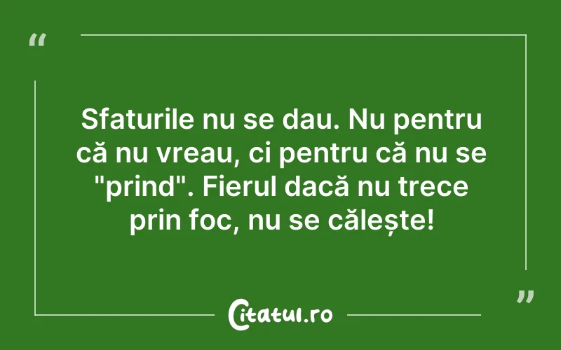 Sfaturile nu se dau. Nu pentru că nu vreau, ci pentru că nu se "prind". Fierul dacă nu trece prin foc, nu se călește!