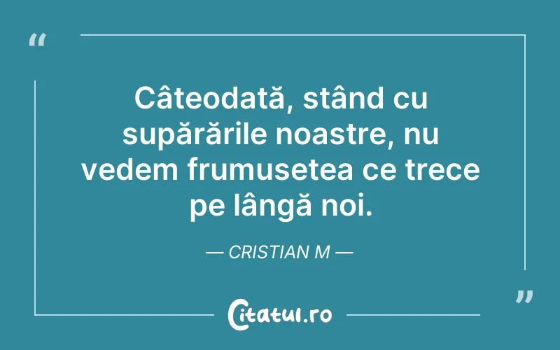 Câteodată, stând cu supărările noastre, nu vedem frumusețea ce trece pe lângă noi. Cristian M