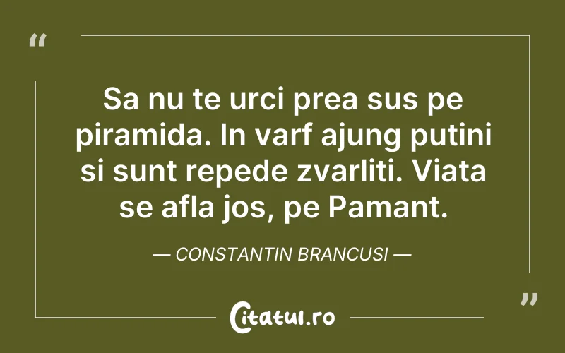 Sa nu te urci prea sus pe piramida. In varf ajung putini si sunt repede zvarliti. Viata se afla jos, pe Pamant. Constantin Brancusi