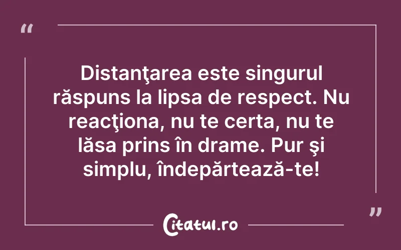 Distanţarea este singurul răspuns la lipsa de respect. Nu reacţiona, nu te certa, nu te lăsa prins în drame. Pur şi simplu, îndepărtează-te!
