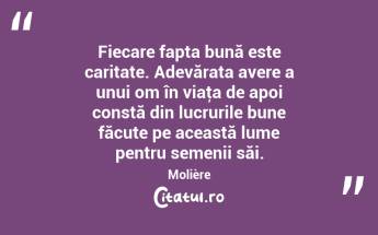 Fiecare fapta bună este caritate. Adevărata avere a unui om în viaţa de apoi constă din lucrurile bune făcute pe această lume pentru semenii săi. Molière...