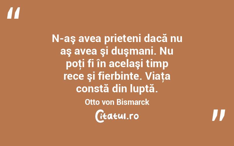 N-aş avea prieteni dacă nu aş avea şi duşmani. Nu poţi fi în acelaşi timp rece şi fierbinte. Viaţa constă din luptă. Otto von Bismarck