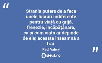 Strania putere de a face unele lucruri indiferente pentru viaţă cu grijă, frenezie, încăpăţânare, ca şi cum viaţa ar depinde de ele; aceasta înseamnă a trăi. Paul Valery...