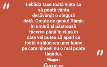 Lebăda tace toată viaţa ca să poată cânta desăvârşit o singură dată. Omule de geniu! Rămâi în umbră şi păstrează tăcerea până în clipa în care vei putea să apari cu toată strălucirea unei faime pe care nimeni nu o mai poate tăgădui. Pitagora...