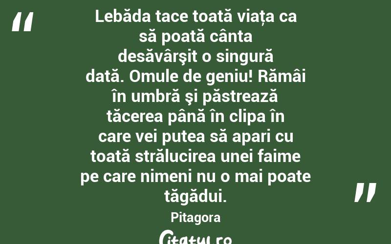 Lebăda tace toată viaţa ca să poată cânta desăvârşit o singură dată. Omule de geniu! Rămâi în umbră şi păstrează tăcerea până în clipa în care vei putea să apari cu toată strălucirea unei faime pe care nimeni nu o mai poate tăgădui. Pitagora