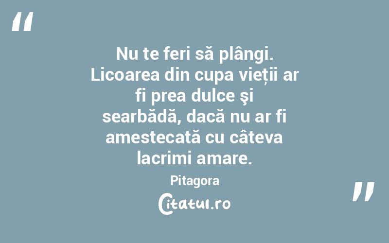 Nu te feri să plângi. Licoarea din cupa vieţii ar fi prea dulce şi searbădă, dacă nu ar fi amestecată cu câteva lacrimi amare. Pitagora